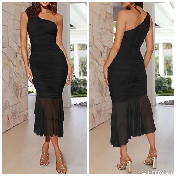 ZESICA One Shoulder Sleeveless Mesh Ruched Bodycon Sexy Formal Cocktail … - Picture 1 of 12